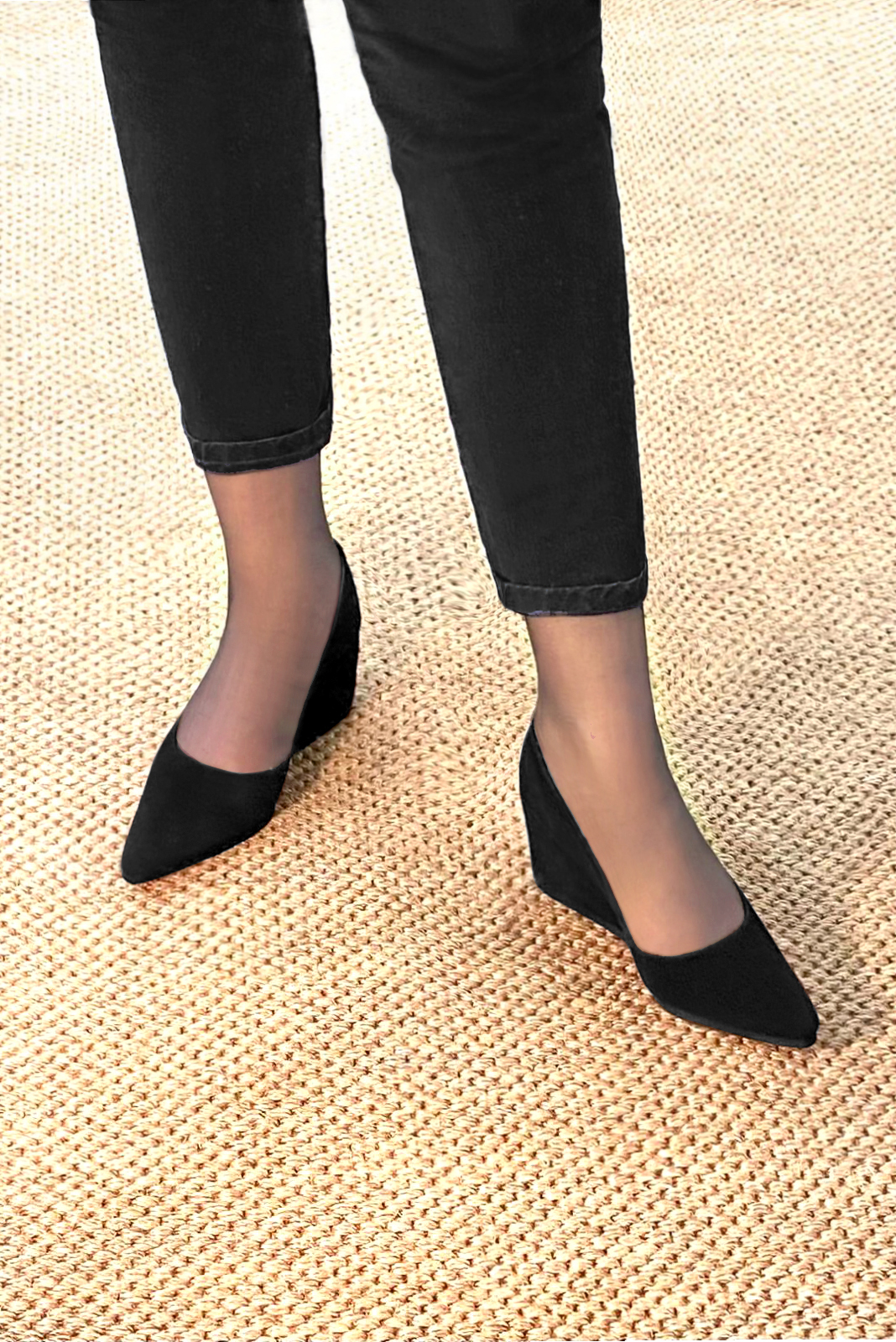 Matt black women's dress pumps,with a square neckline. Tapered toe. Medium wedge heels. Worn view - Florence KOOIJMAN